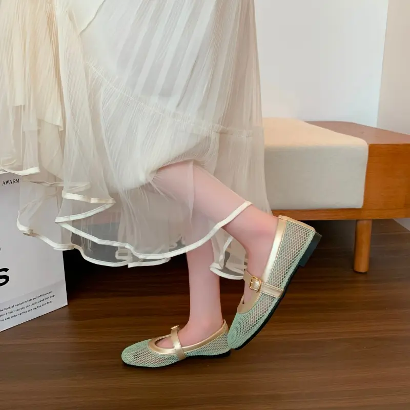 Women's Flat Shoes Autumn New Round Head Shallow Mouth Line with Mesh Breathable Single Shoes