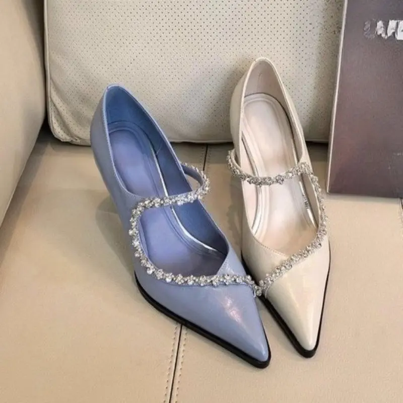 Rhinestone Strap Slim Heel Single Shoes Women's Fashion Pointed Toe Shallow Mouth Slip Foot Non-Slip High Heels
