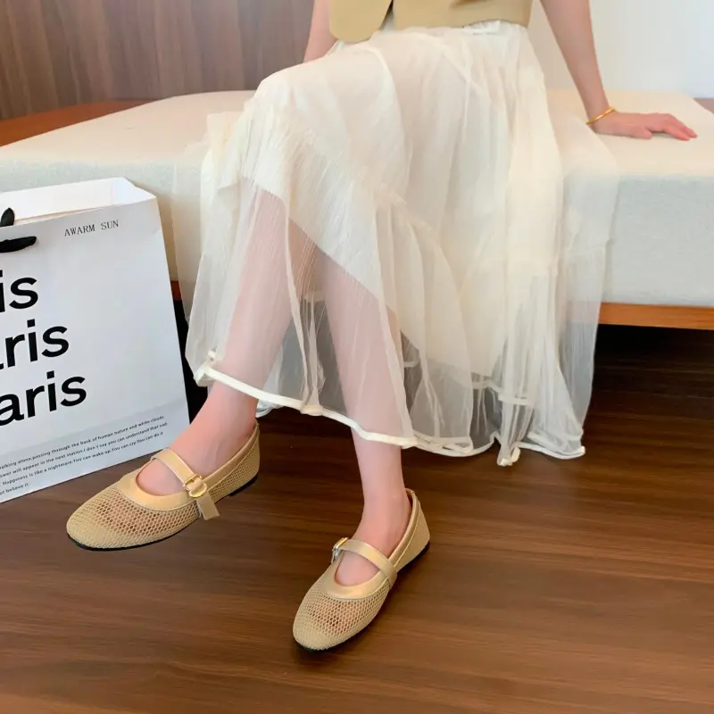 Women's Flat Shoes Autumn New Round Head Shallow Mouth Line with Mesh Breathable Single Shoes