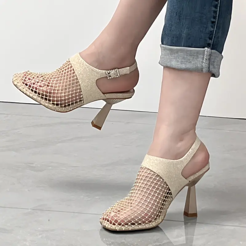 Baotou Sandals Summer New Square Head Deep Mouth Sequin Mesh Metal Buckle A Line with Anti-slip Wear-resistant High Heels