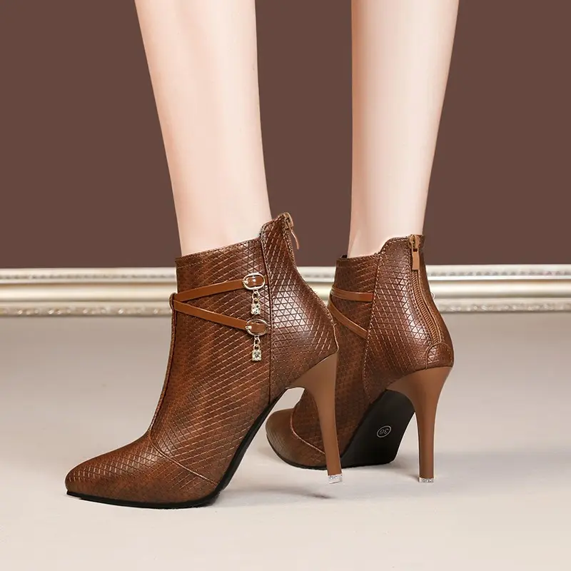 Women's Slim Heel Cotton Boots New Winter Pointy Back Zipper Metal Buckle Anti-slip Wear-resistant Short Boots