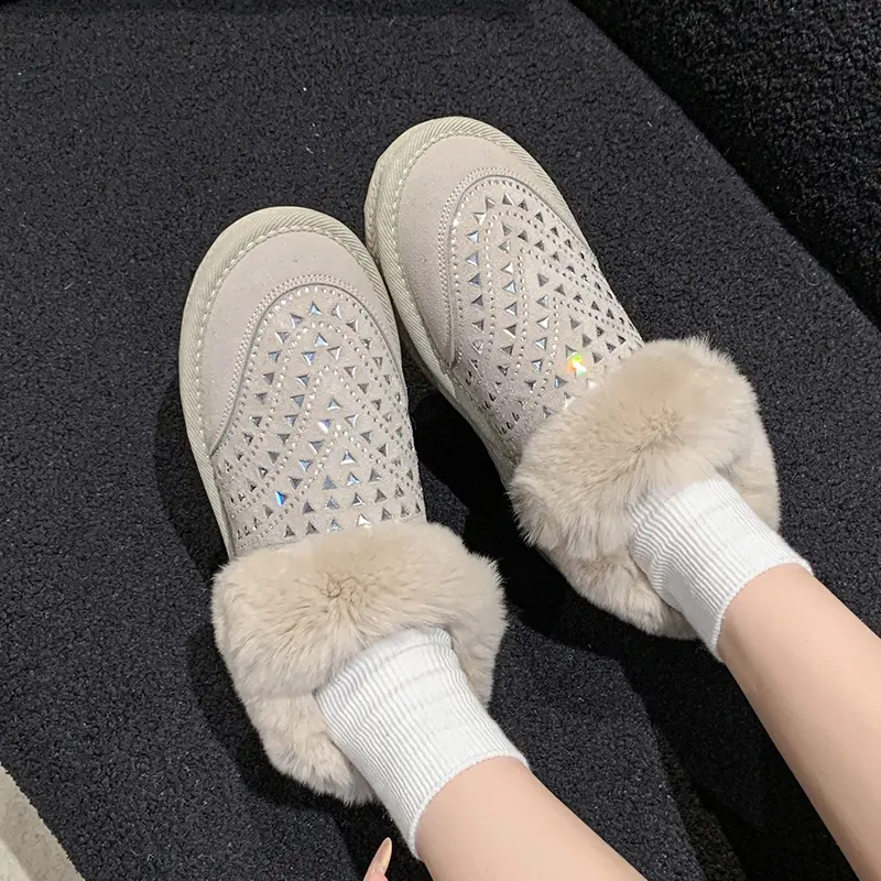 Women's Fashion Flat Shoes Winter New Round Head Suede Rhinestone Anti-slip Wear-resistant Snow Boots