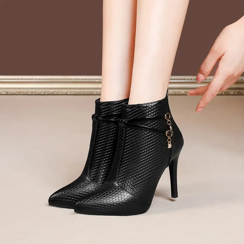 Women's Slim Heel Cotton Boots New Winter Pointy Back Zipper Metal Buckle Anti-slip Wear-resistant Short Boots