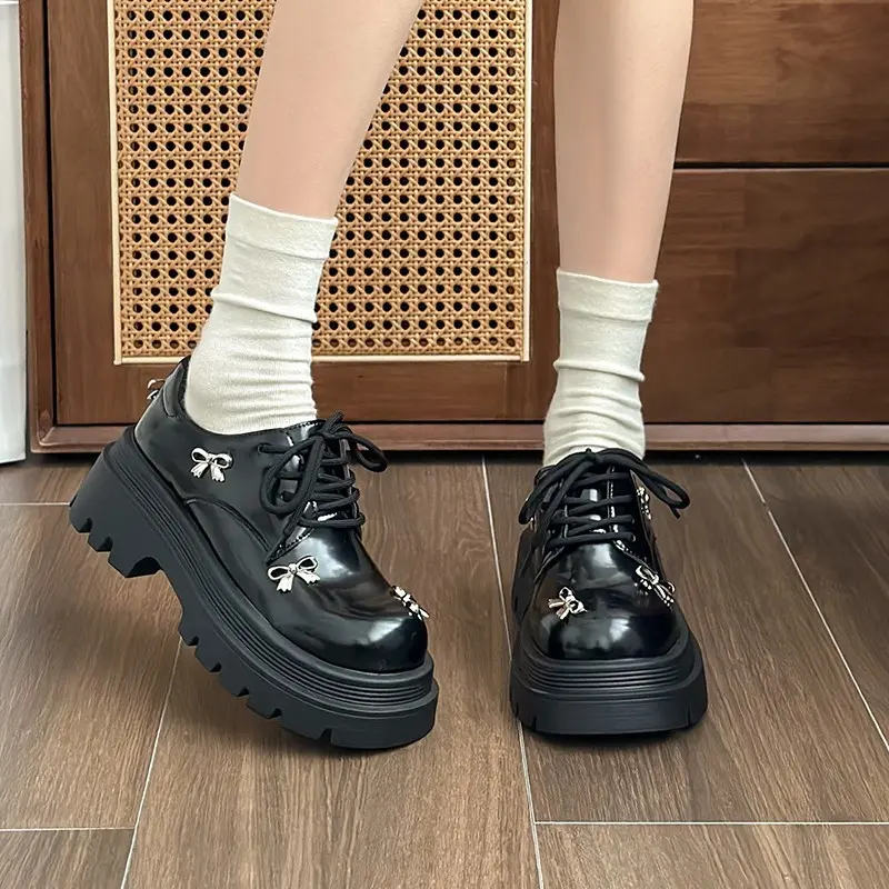 Autumn New Thick Heel Single Shoes Women's Round Head Deep Mouth Front Strap Metal Butterfly Knot Thick Sole Non-slip Shoes