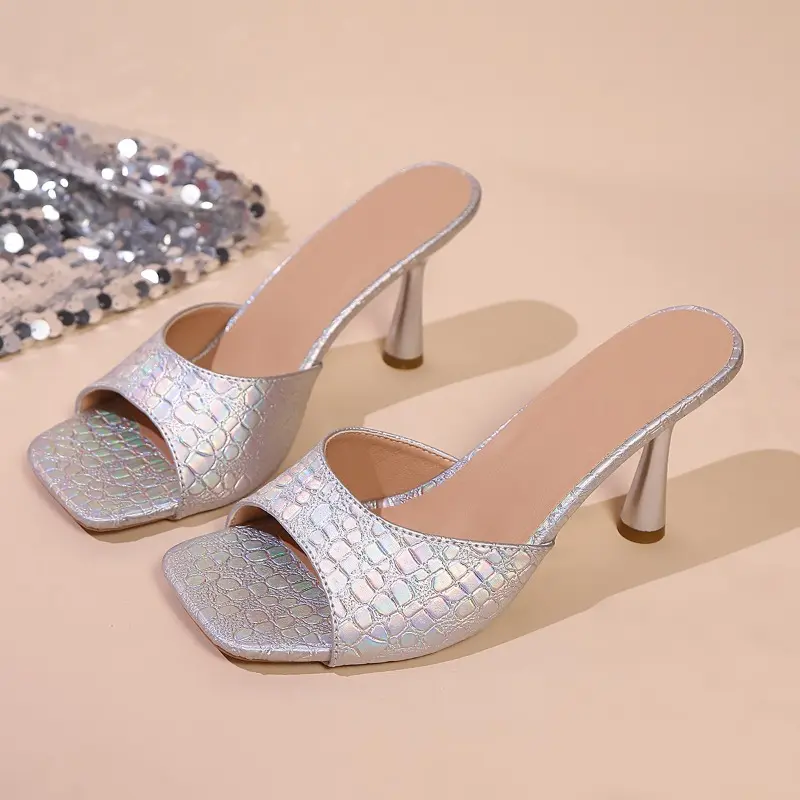 Summer New Stiletto High Heels Women's Fashion Outside Wear Square Toe Stone Pattern Plus Size Fish Mouth Slippers