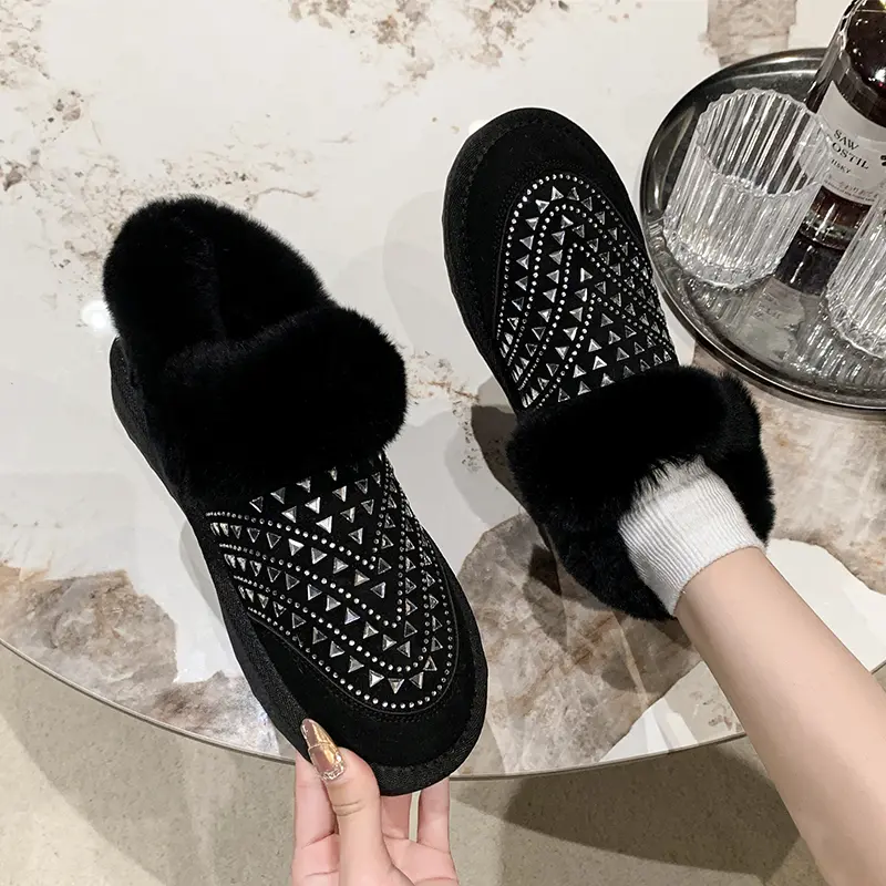 Women's Fashion Flat Shoes Winter New Round Head Suede Rhinestone Anti-slip Wear-resistant Snow Boots