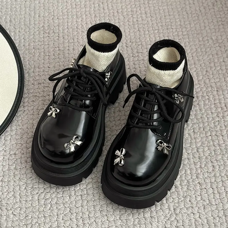 Autumn New Thick Heel Single Shoes Women's Round Head Deep Mouth Front Strap Metal Butterfly Knot Thick Sole Non-slip Shoes