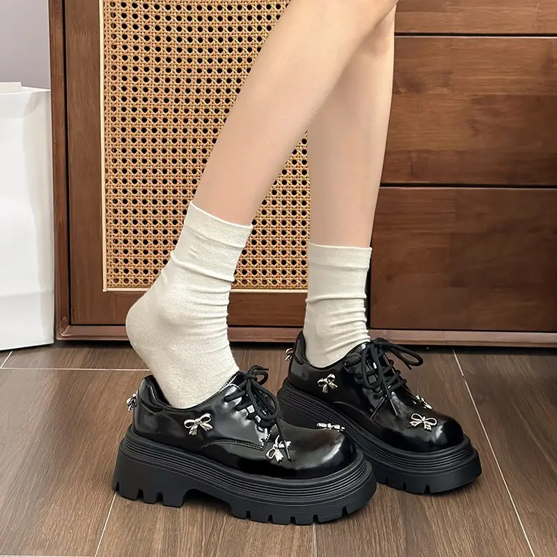 Autumn New Thick Heel Single Shoes Women's Round Head Deep Mouth Front Strap Metal Butterfly Knot Thick Sole Non-slip Shoes