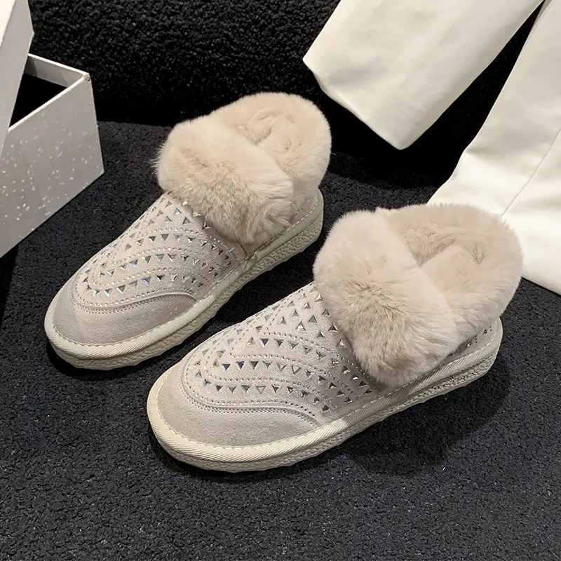 Women's Fashion Flat Shoes Winter New Round Head Suede Rhinestone Anti-slip Wear-resistant Snow Boots