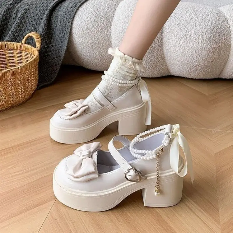 Summer New Round Head Shallow Bow Thick Heel Mary Jane Shoes Fashion Platform One-line High Heels