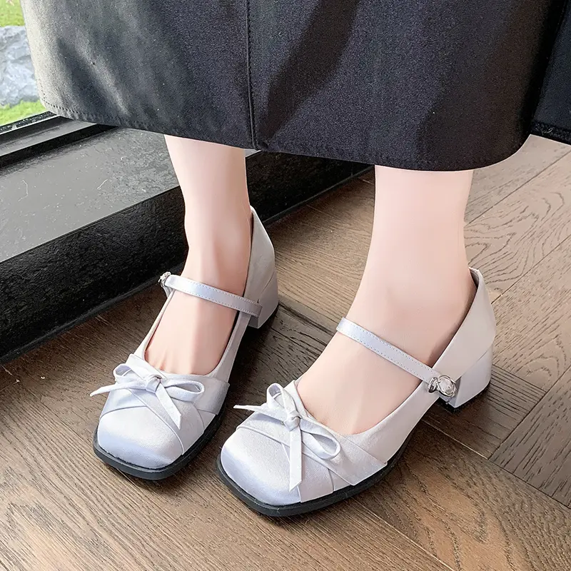 New Coarse Heel Shoes for Women Square Head Shallow Mouth Butterfly Knot Cloth Line with Anti-slip Wear-resistant Heel Shoes