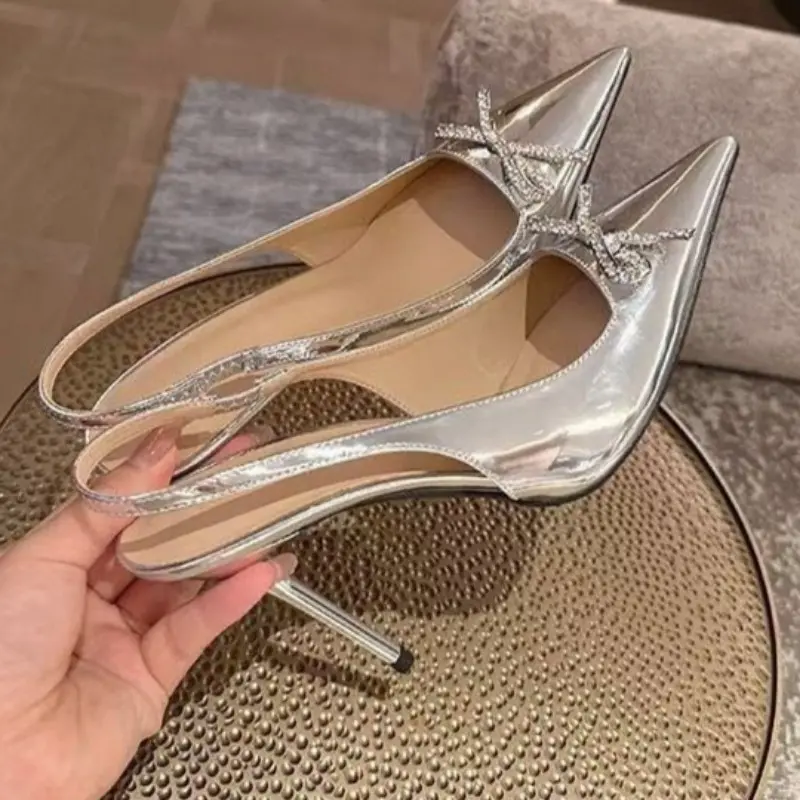 Summer New Baotou Sandals Women's Pointed Head Shallow Mouth Rhinestone Butterfly Knot Anti-slip Wear-resistant High Heels