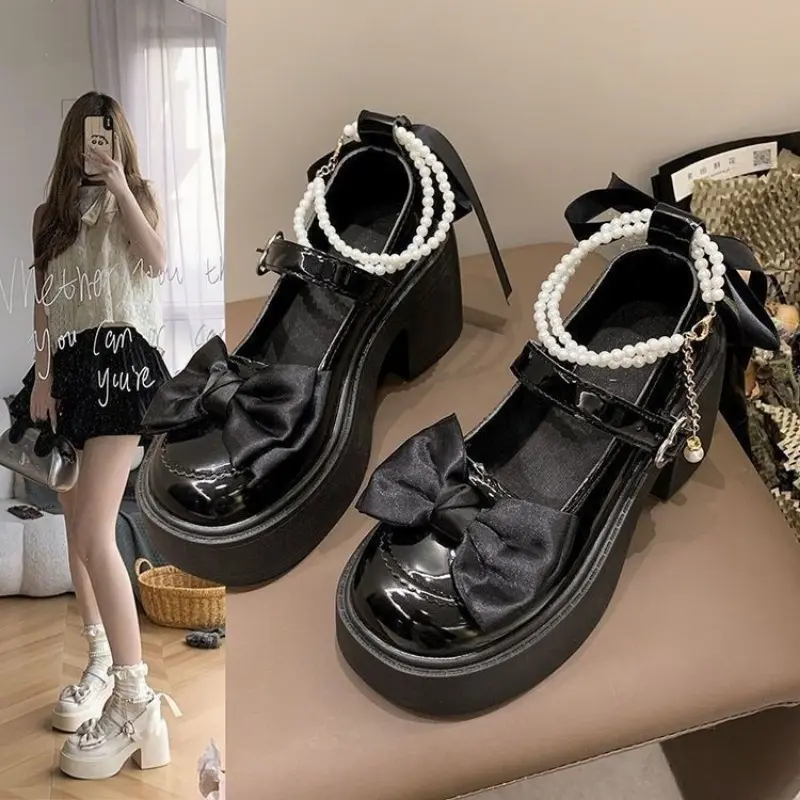 Summer New Round Head Shallow Bow Thick Heel Mary Jane Shoes Fashion Platform One-line High Heels
