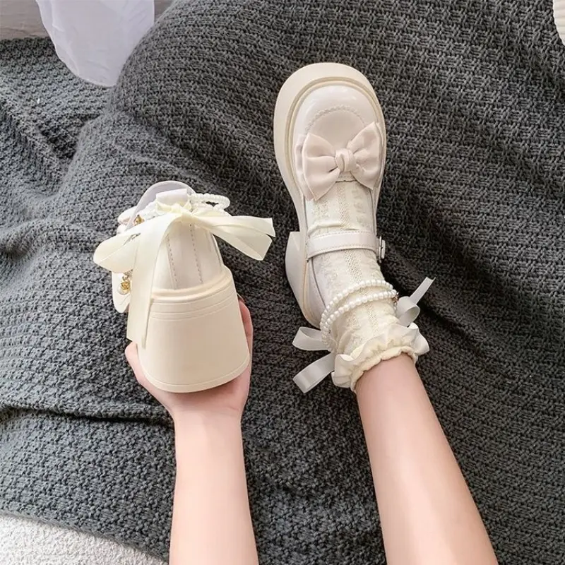 Summer New Round Head Shallow Bow Thick Heel Mary Jane Shoes Fashion Platform One-line High Heels