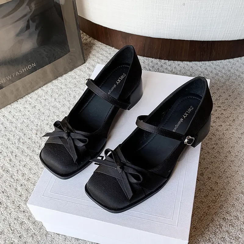 New Coarse Heel Shoes for Women Square Head Shallow Mouth Butterfly Knot Cloth Line with Anti-slip Wear-resistant Heel Shoes