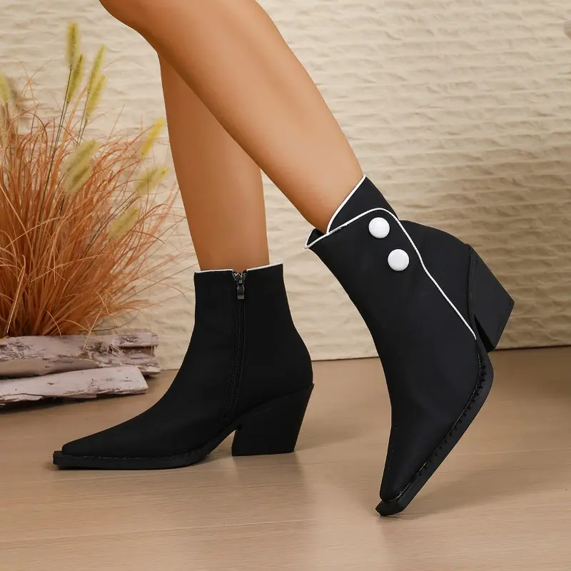 Fall New Single Boots Women's Fashion Pointed Toe Colorblock Side Zip Anti-Slip Wear-Resistant Block Heel Booties