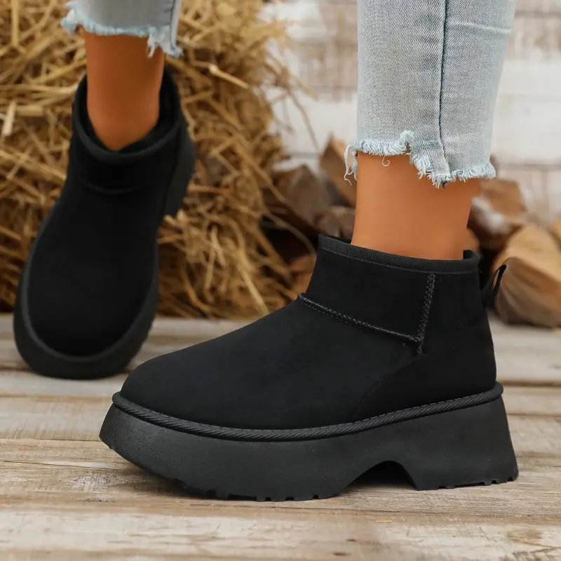 Platform Snow Boots Women's Fashion Winter New Round Toe Spliced Suede Plus Fur Thickened Platform Block Heel Boots