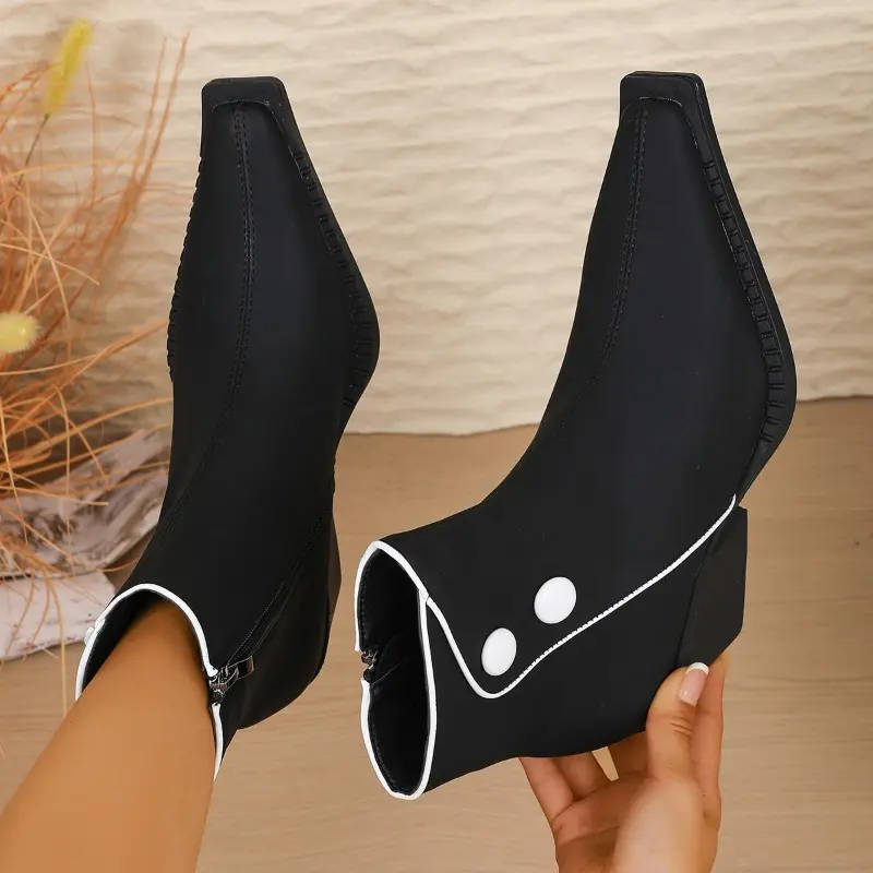 Fall New Single Boots Women's Fashion Pointed Toe Colorblock Side Zip Anti-Slip Wear-Resistant Block Heel Booties