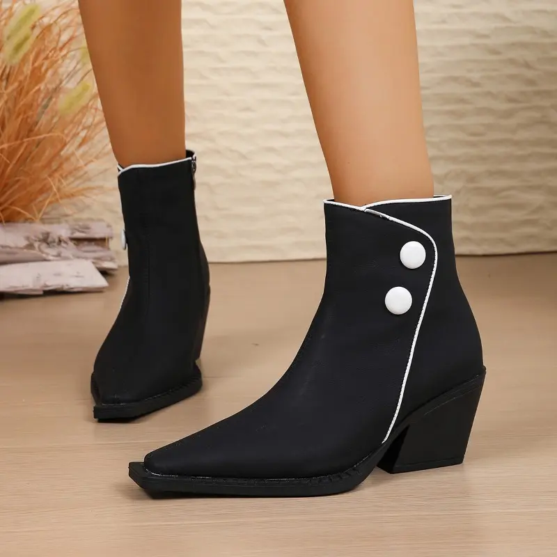 Fall New Single Boots Women's Fashion Pointed Toe Colorblock Side Zip Anti-Slip Wear-Resistant Block Heel Booties
