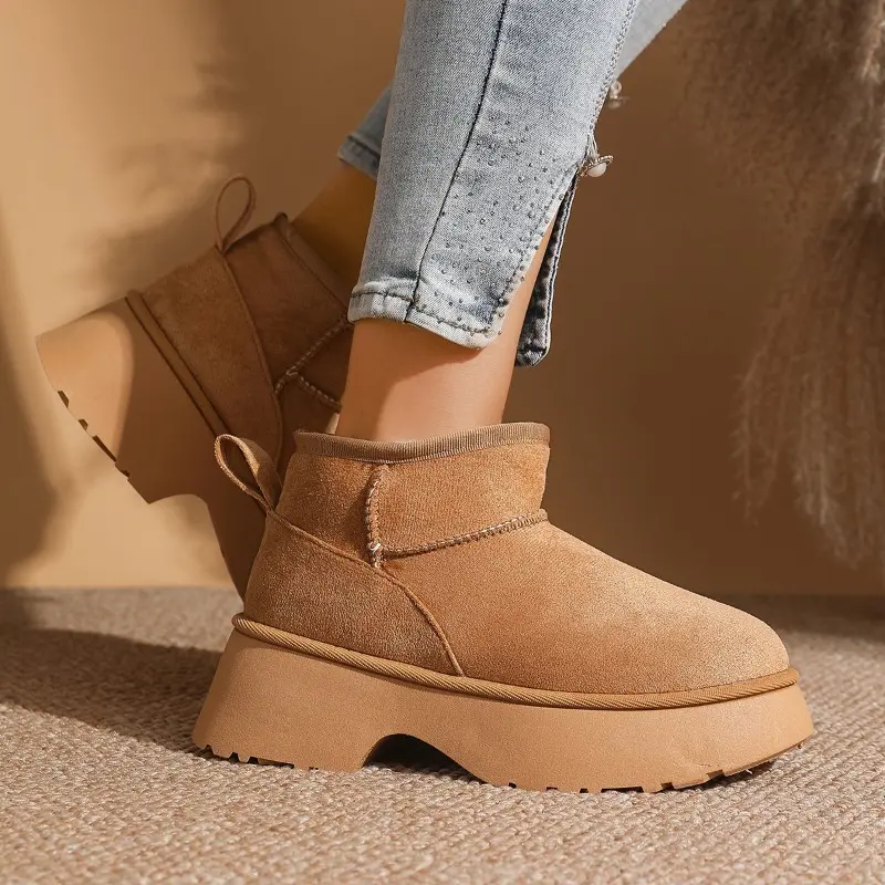 Platform Snow Boots Women's Fashion Winter New Round Toe Spliced Suede Plus Fur Thickened Platform Block Heel Boots