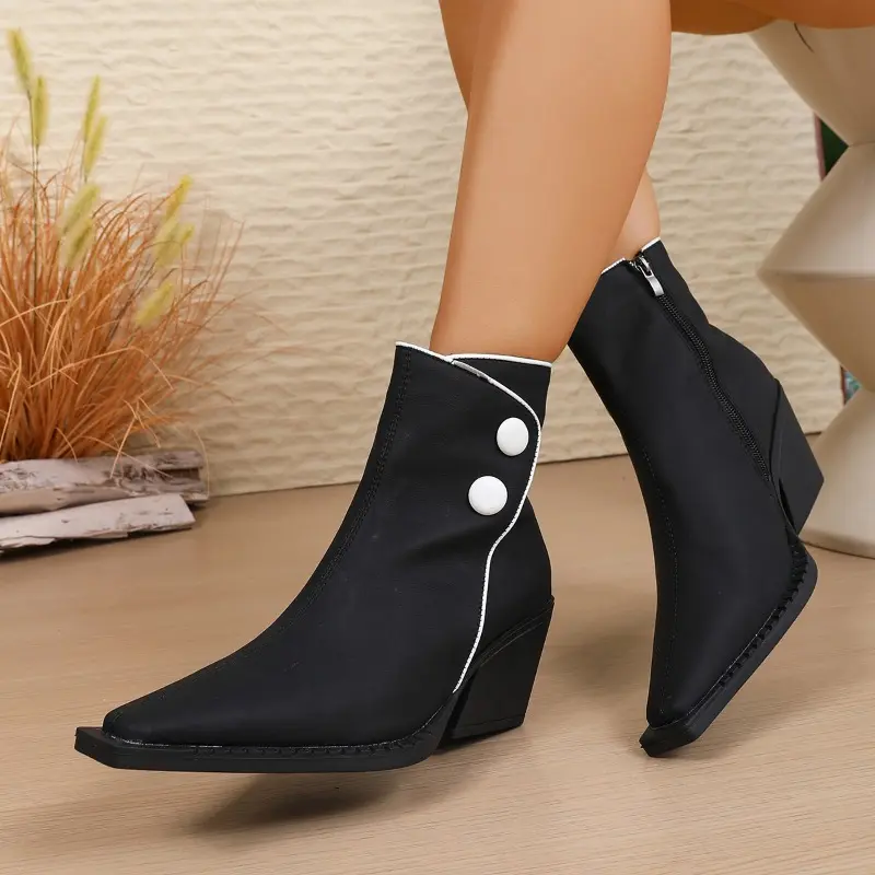 Fall New Single Boots Women's Fashion Pointed Toe Colorblock Side Zip Anti-Slip Wear-Resistant Block Heel Booties