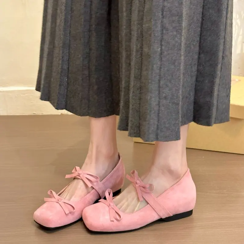 Women's Fashion Inner Increase Heel Shoes Spring New Square Head Shallow Mouth Suede Butterfly Knot Non-slip Heel Shoes