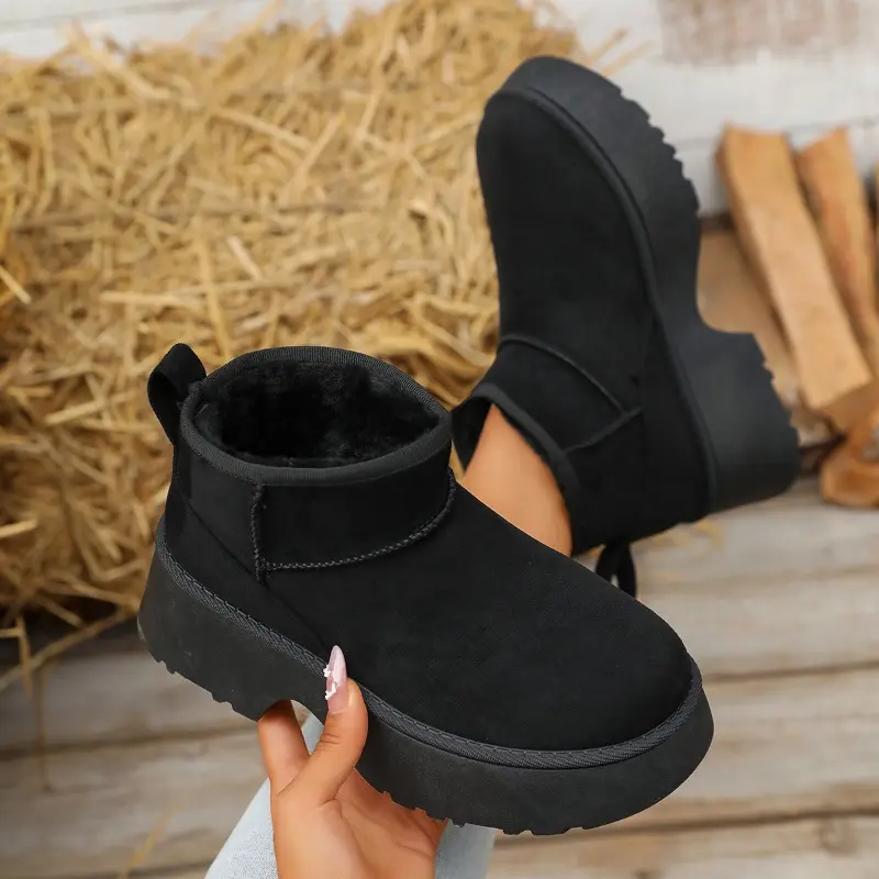 Platform Snow Boots Women's Fashion Winter New Round Toe Spliced Suede Plus Fur Thickened Platform Block Heel Boots