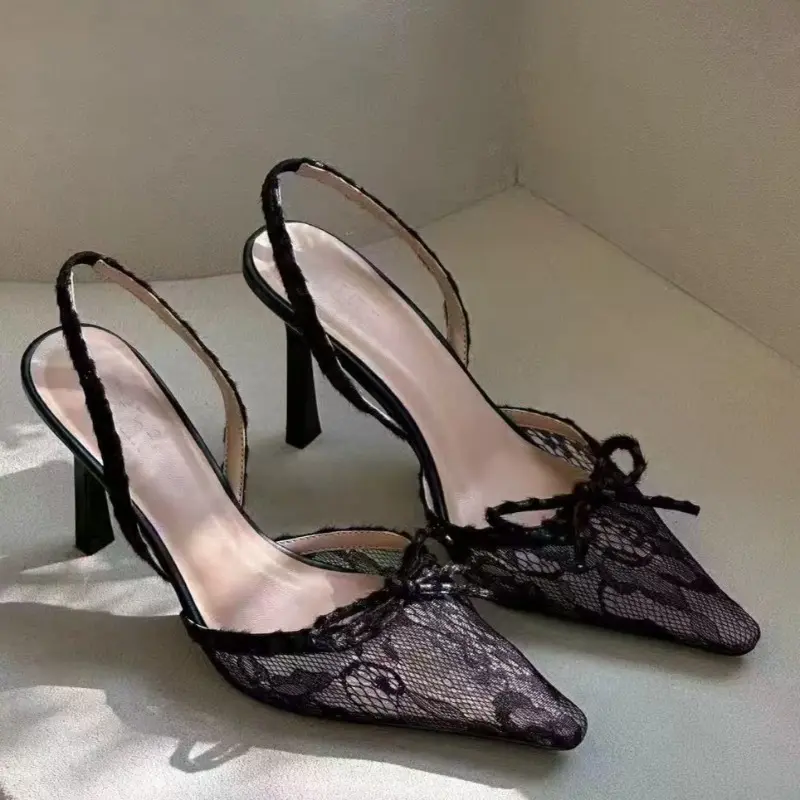 New Bao Head Stiletto Sandals Spring Fashion Pointy Lace Mesh Butterfly Knot Slip-on Wear-resistant High Heels