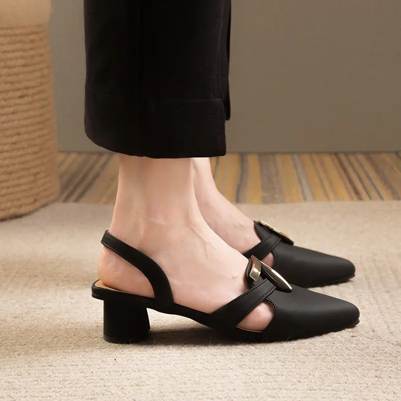 Baotou Thick Heel Sandals Spring New Pointed Head Shallow Mouth Metal Buckle A Slip-on Wear-resistant High Heels