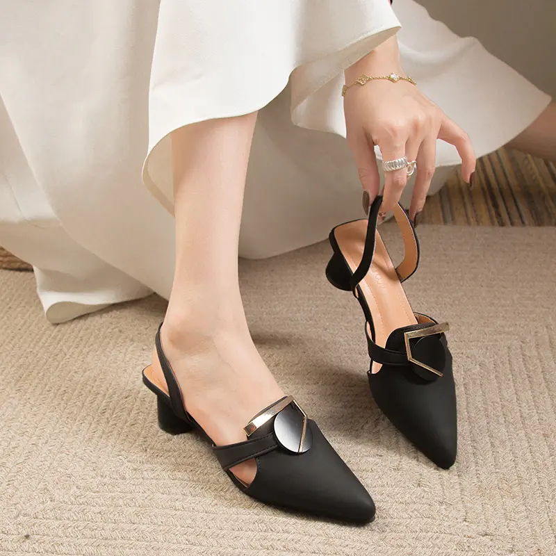Baotou Thick Heel Sandals Spring New Pointed Head Shallow Mouth Metal Buckle A Slip-on Wear-resistant High Heels