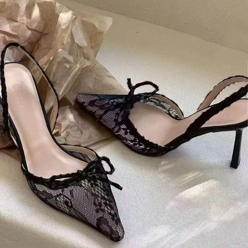 New Bao Head Stiletto Sandals Spring Fashion Pointy Lace Mesh Butterfly Knot Slip-on Wear-resistant High Heels