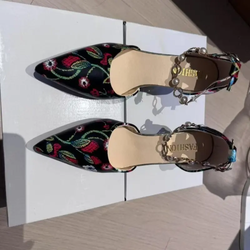 Autumn New Printed Pointed Toe Shallow-mouth Metal Chain Anti-slip Wear-resistant Stiletto Wrapped-head Sandals