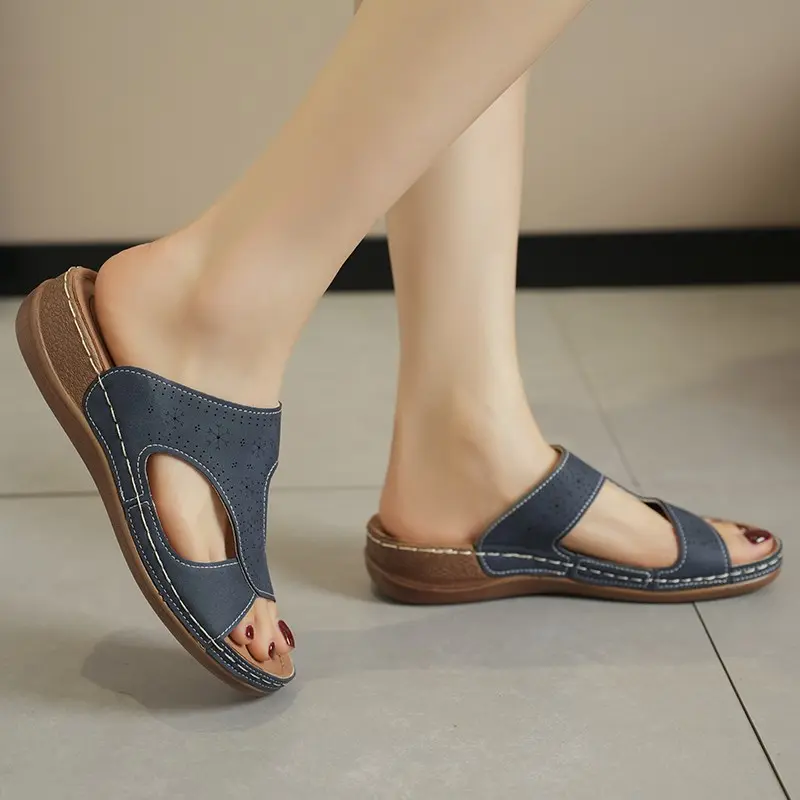Women's Large Size Casual Slippers Summer New Round Head Open Toe Hollow Breathable Car Stitch Wedge Sandals