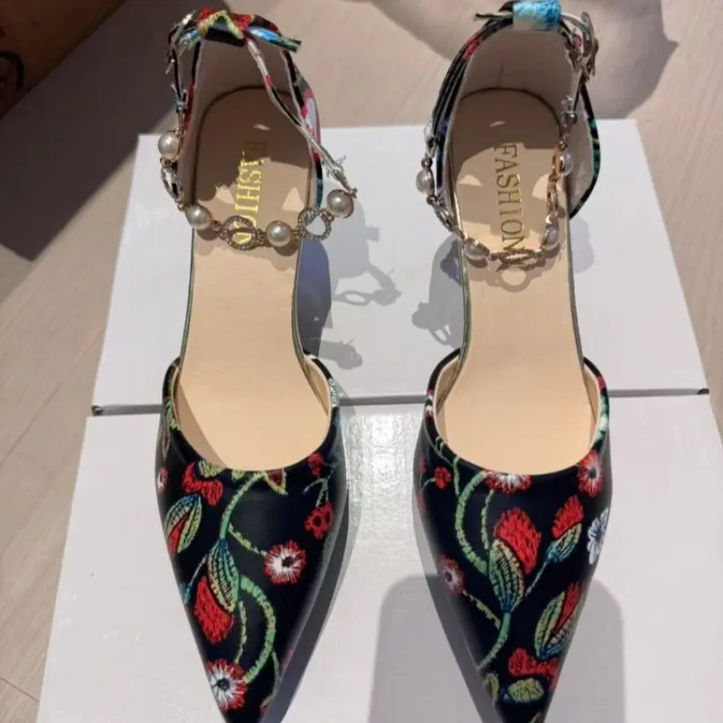Autumn New Printed Pointed Toe Shallow-mouth Metal Chain Anti-slip Wear-resistant Stiletto Wrapped-head Sandals
