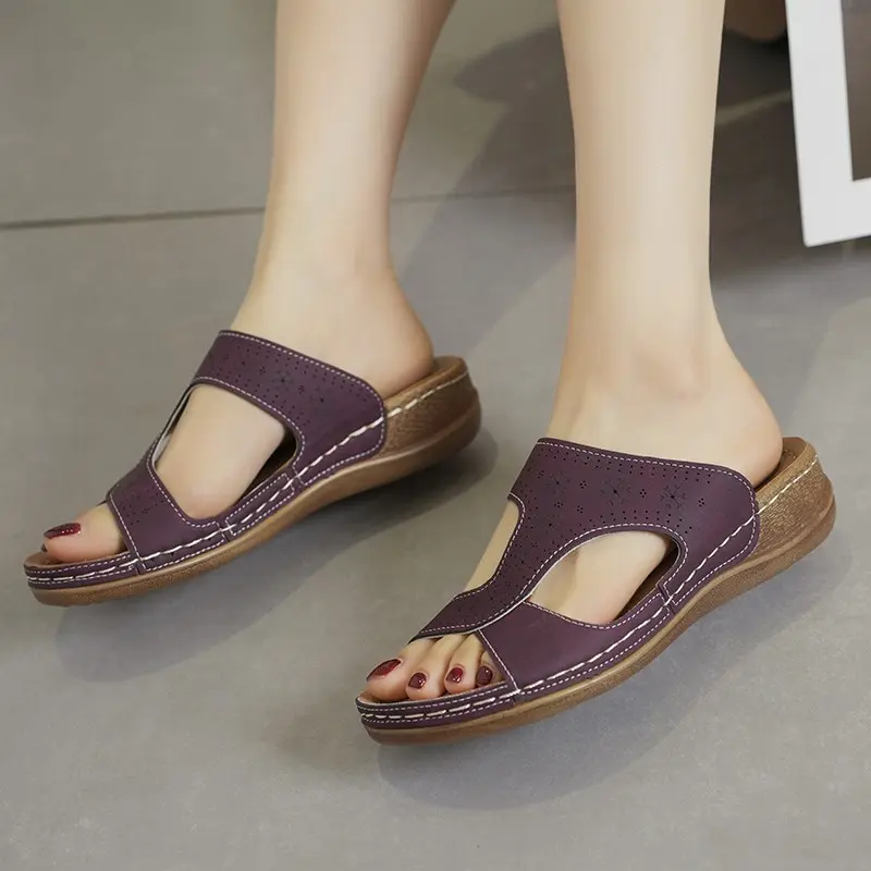 Women's Large Size Casual Slippers Summer New Round Head Open Toe Hollow Breathable Car Stitch Wedge Sandals