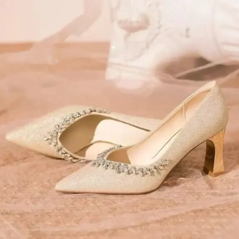 Rhinestone Single Shoes Autumn New Pointed Toe Shallow Mouth Slip Foot Non-slip Wear-resistant Block Heel High Heels