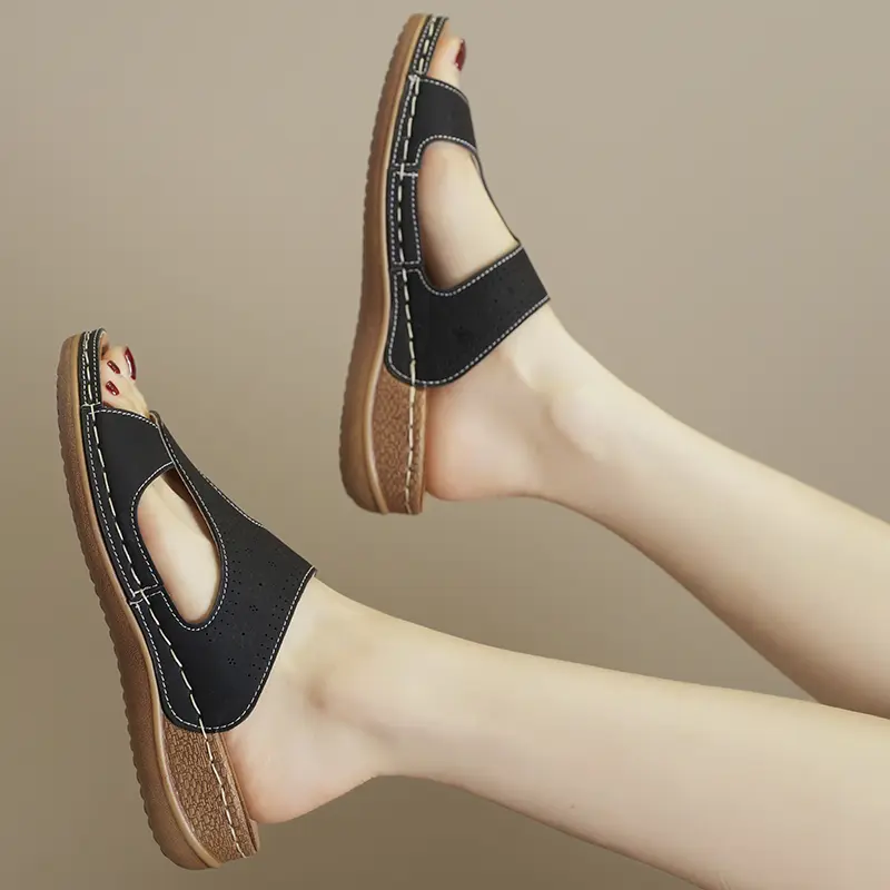 Women's Large Size Casual Slippers Summer New Round Head Open Toe Hollow Breathable Car Stitch Wedge Sandals