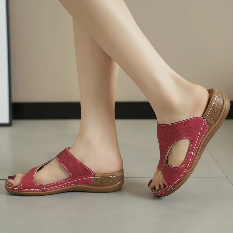 Women's Large Size Casual Slippers Summer New Round Head Open Toe Hollow Breathable Car Stitch Wedge Sandals
