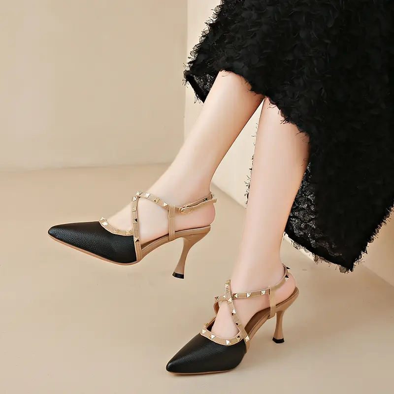 Women's fashion baotou sandals summer new pointy head shallow mouth color matching rivets a line buckle non-slip high heels
