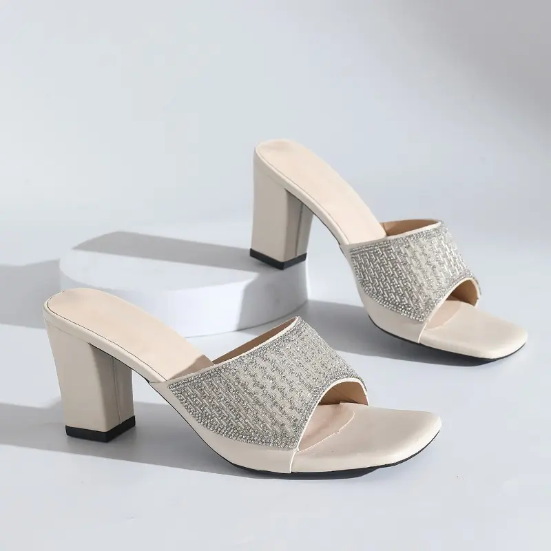 Summer New Rhinestone Strap Block Heel Slippers Women's Square Toe Open Toe Temperament High Heels