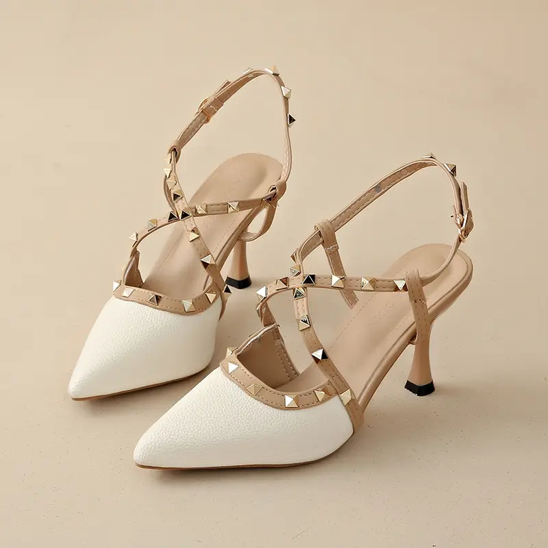 Women's fashion baotou sandals summer new pointy head shallow mouth color matching rivets a line buckle non-slip high heels