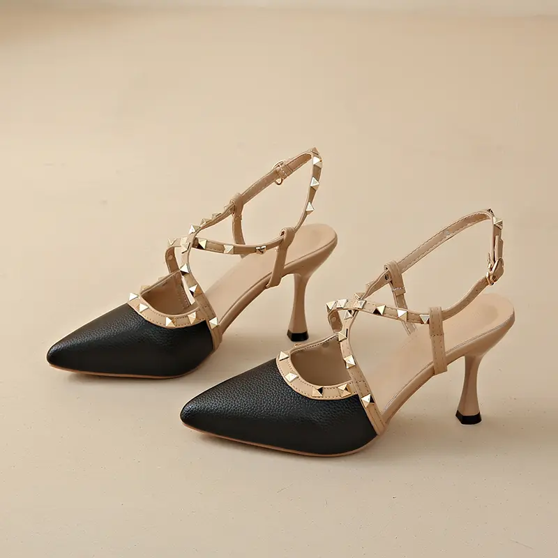 Women's fashion baotou sandals summer new pointy head shallow mouth color matching rivets a line buckle non-slip high heels