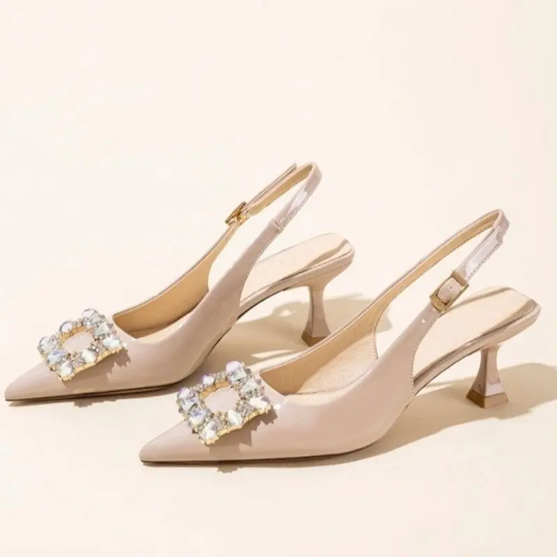 Pointed Toe Shallow Mouth Stiletto High Heel Shoes Women's Xia New One-word Baotou Sandals with Rhinestone Buckle