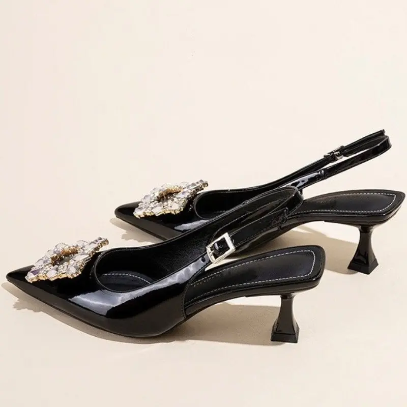 Pointed Toe Shallow Mouth Stiletto High Heel Shoes Women's Xia New One-word Baotou Sandals with Rhinestone Buckle