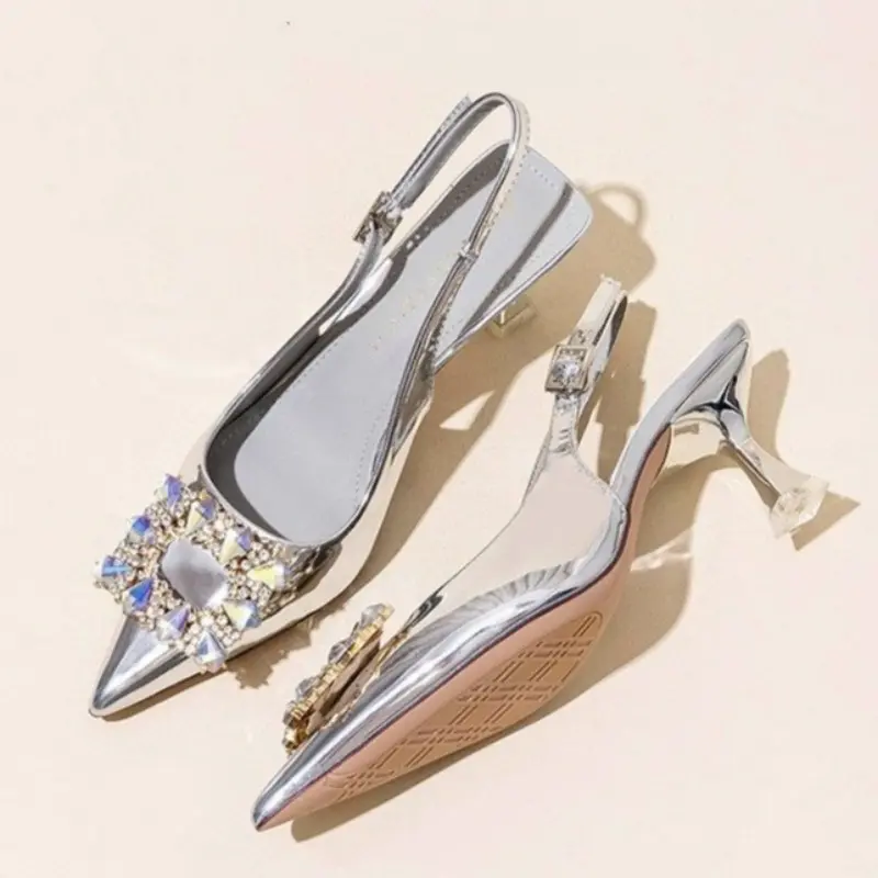 Pointed Toe Shallow Mouth Stiletto High Heel Shoes Women's Xia New One-word Baotou Sandals with Rhinestone Buckle