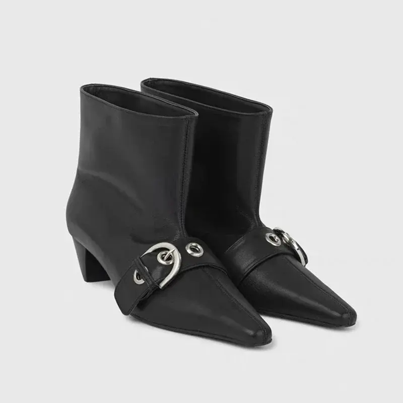 Fashion Snap Pointed Toe Low Heel Booties Women Spring and Autumn New Outside Wear Metal Buckle Sleeve Single Boots