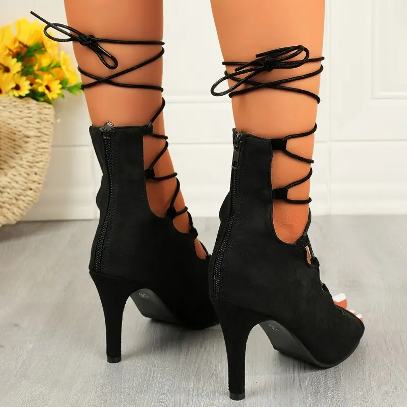 Women's Fashion Stiletto Sandals Summer New Round Head Open Toe Front Lacing Non-slip Wear-resistant High Heels