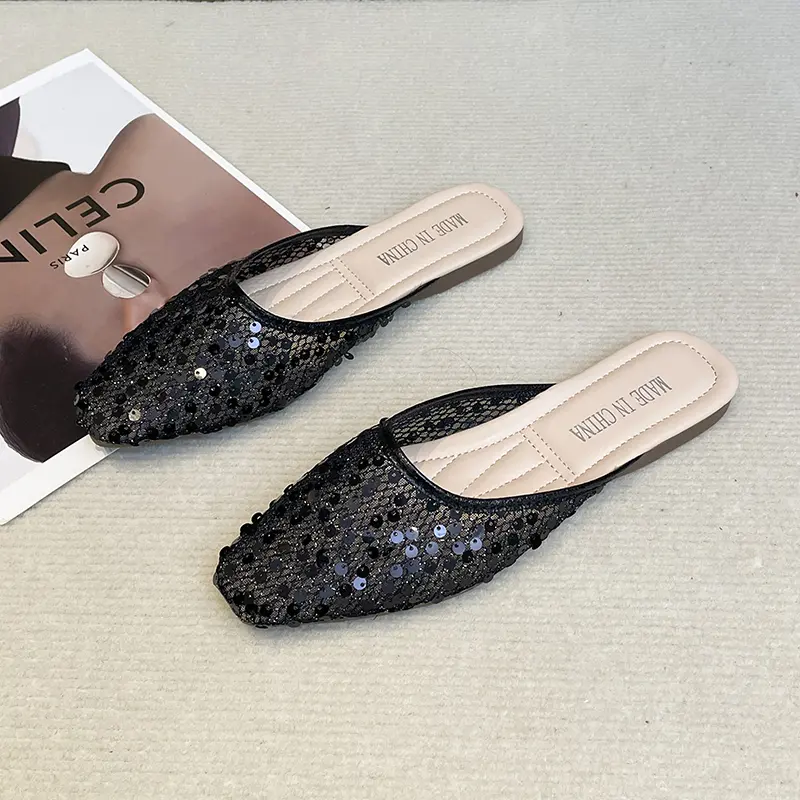 New Baotou Slippers Spring Square Head Shallow Mouth Glitter Mesh Cover Feet Soft Sole Anti-slip Wear-resistant Flat Shoes