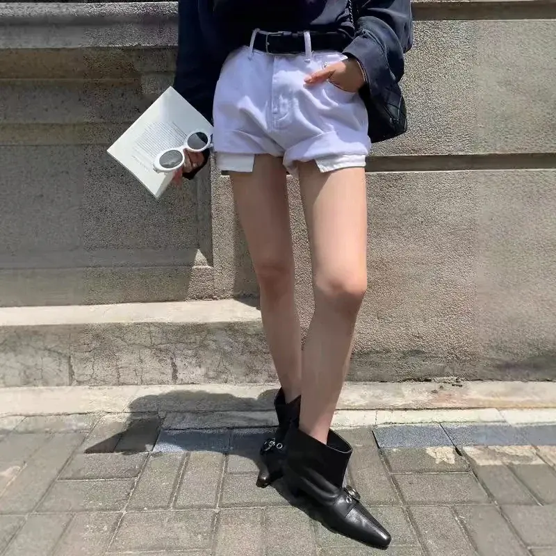 Fashion Snap Pointed Toe Low Heel Booties Women Spring and Autumn New Outside Wear Metal Buckle Sleeve Single Boots