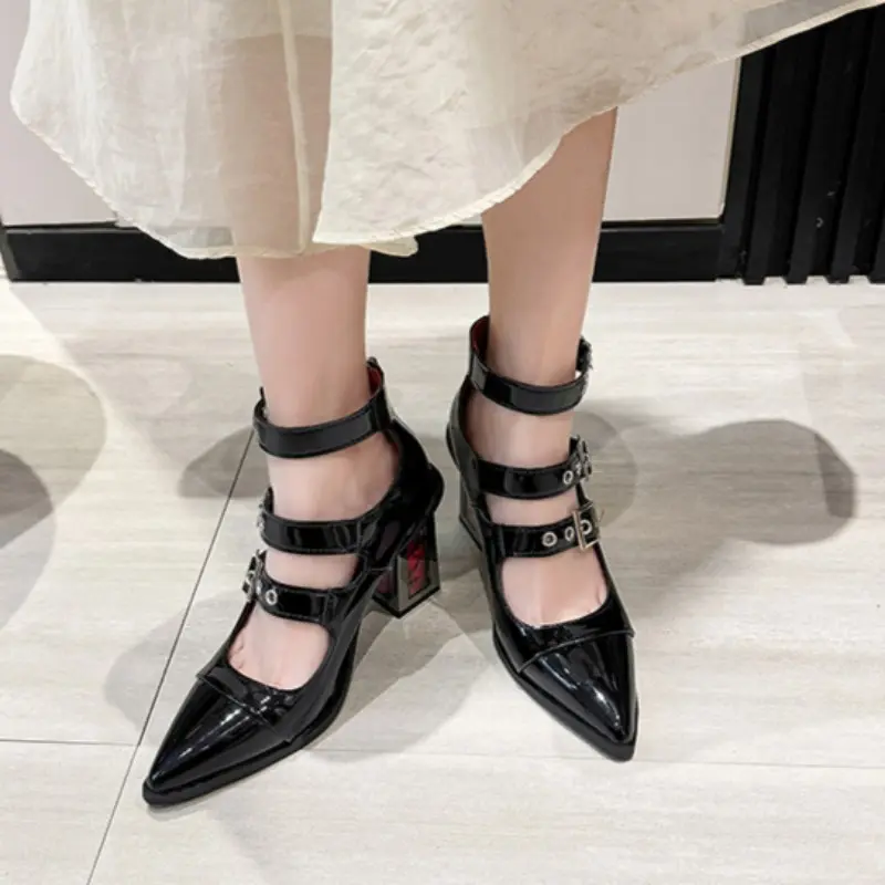 Spring New Coarse Heel Shoes Women Fashion Pointed Head Shallow Mouth Rivets Metal Buckle Line Belt High Heels